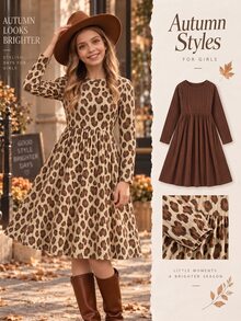 SHEIN Christmas Party Dress Young Girls 2pcs Long Sleeve Dress Set, Leopard Print & Solid Brown - Multicolor - View 10