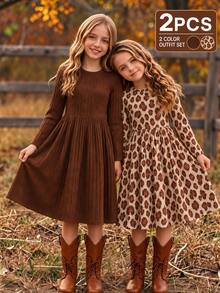 SHEIN Christmas Party Dress Young Girls 2pcs Long Sleeve Dress Set, Leopard Print & Solid Brown - Multicolor - View 1