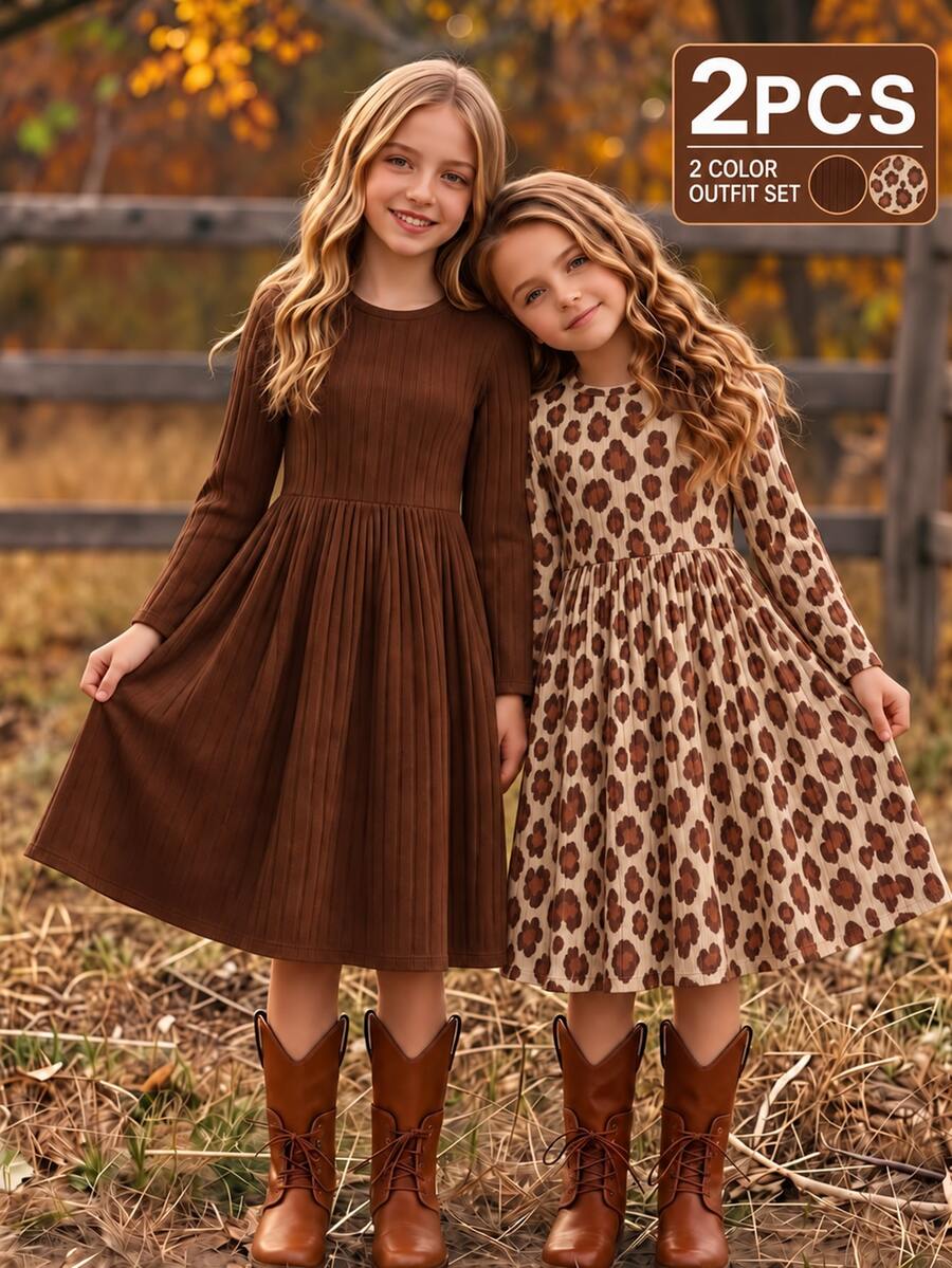 SHEIN Christmas Party Dress Young Girls 2pcs Long Sleeve Dress Set, Leopard Print & Solid Brown - Multicolor - View 1