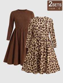 SHEIN Christmas Party Dress Young Girls 2pcs Long Sleeve Dress Set, Leopard Print & Solid Brown - Multicolor - View 5