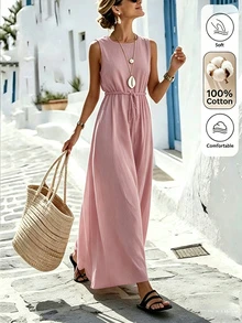 Omancia Women's Solid Color Casual Vacation Comfortable Long Dress, Summer - Dusty Pink - View 4