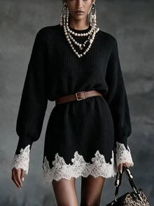 Omancia Guipure Lace Panel Drop Shoulder Sweater Dress - Black - View 3