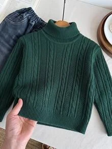 Boys' High Neck Sweater, Autumn/Winter, Vintage Dark Green Cable Knit Thick Sweater. Classic Cable Knit Pattern, Strong Texture, Vintage And Timeless. High Neck Design, Suitable For Layering/Wearing Alone In Autumn/Winter. - Dark Green - View 10
