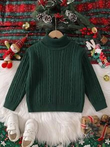 Boys' High Neck Sweater, Autumn/Winter, Vintage Dark Green Cable Knit Thick Sweater. Classic Cable Knit Pattern, Strong Texture, Vintage And Timeless. High Neck Design, Suitable For Layering/Wearing Alone In Autumn/Winter. - Dark Green - View 1