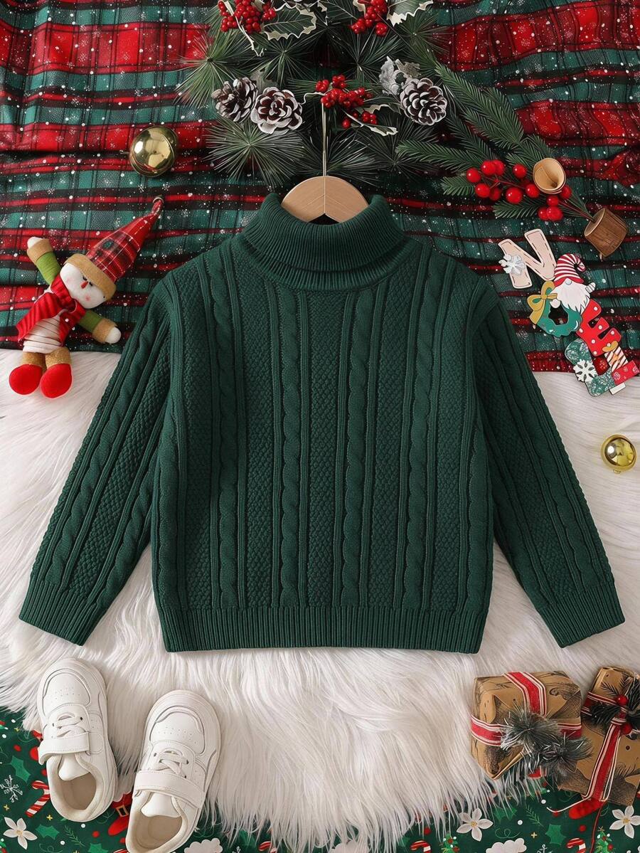 Boys' High Neck Sweater, Autumn/Winter, Vintage Dark Green Cable Knit Thick Sweater. Classic Cable Knit Pattern, Strong Texture, Vintage And Timeless. High Neck Design, Suitable For Layering/Wearing Alone In Autumn/Winter. - Dark Green - View 1