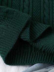 Boys' High Neck Sweater, Autumn/Winter, Vintage Dark Green Cable Knit Thick Sweater. Classic Cable Knit Pattern, Strong Texture, Vintage And Timeless. High Neck Design, Suitable For Layering/Wearing Alone In Autumn/Winter. - Dark Green - View 7