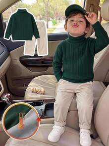 Boys' High Neck Sweater, Autumn/Winter, Vintage Dark Green Cable Knit Thick Sweater. Classic Cable Knit Pattern, Strong Texture, Vintage And Timeless. High Neck Design, Suitable For Layering/Wearing Alone In Autumn/Winter. - Dark Green - View 11