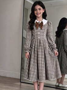 SHEIN 女童棕色與白色翻領燈芯絨洋裝，優雅復古風格，適合派對、學校，學院風秋冬款 - 彩色 - 查看 1