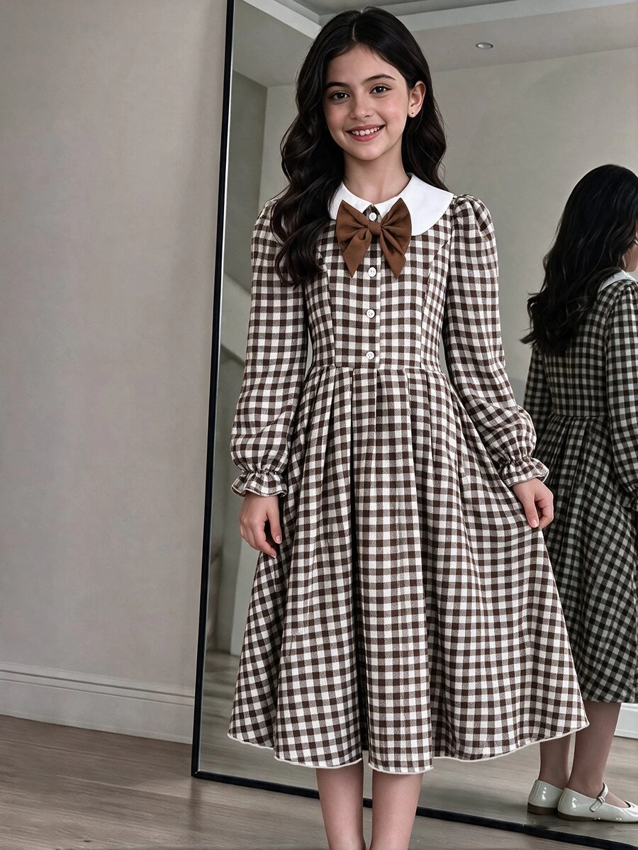 SHEIN 女童棕色與白色翻領燈芯絨洋裝,優雅復古風格,適合派對、學校,學院風秋冬款 - 彩色 - 查看 1