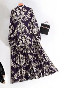 Al Najma 女款休閒印度風端莊優雅 Filipiniana 珍珠裝飾歐式印花洋裝，洗禮賓客 Ninang 婚禮、辦公室、夜晚秋季紫色 - 紫色 - 查看 3