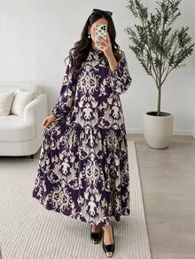 Al Najma 女款休閒印度風端莊優雅 Filipiniana 珍珠裝飾歐式印花洋裝，洗禮賓客 Ninang 婚禮、辦公室、夜晚秋季紫色 - 紫色 - 查看 1