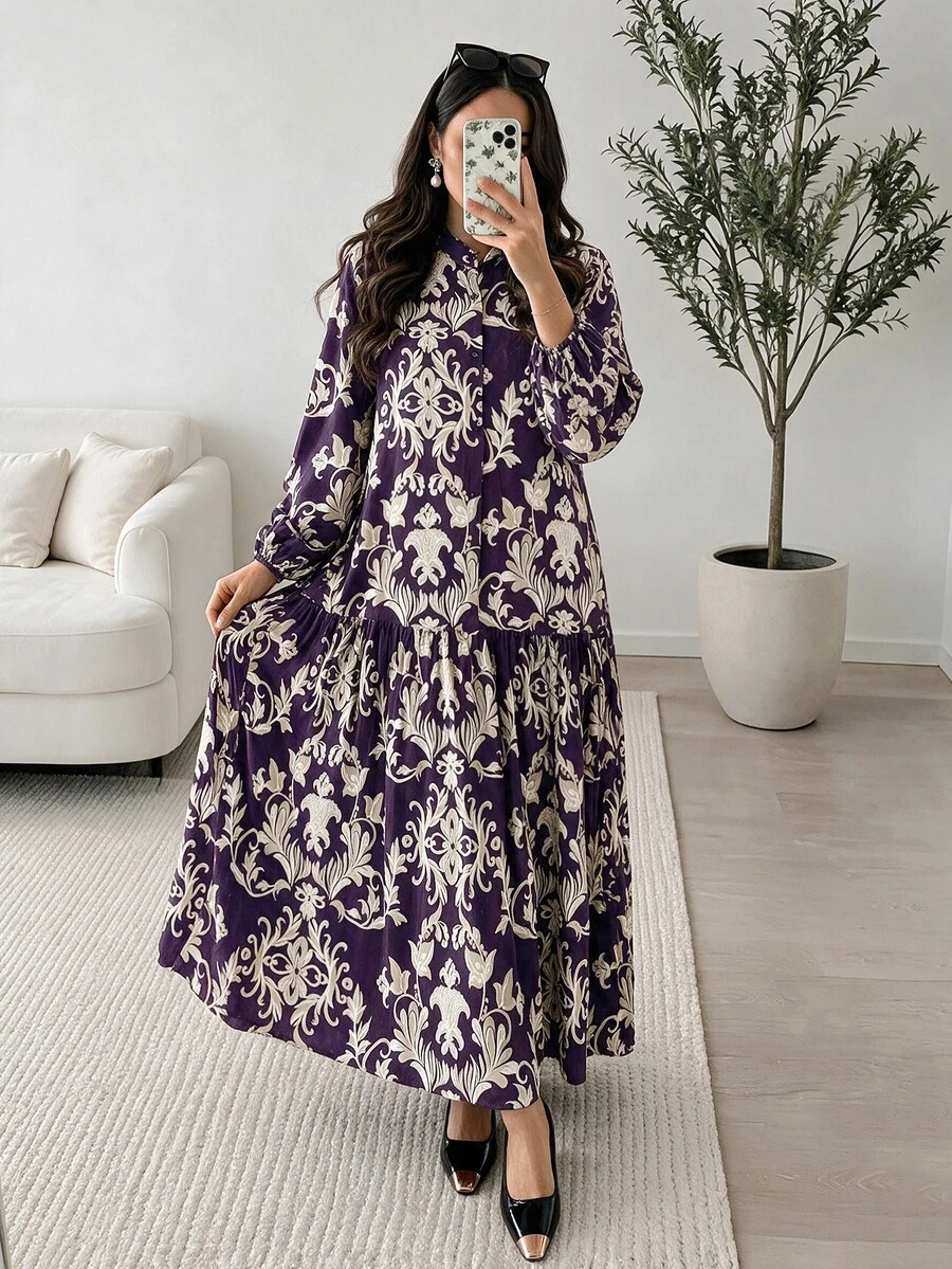 Al Najma 女款休閒印度風端莊優雅 Filipiniana 珍珠裝飾歐式印花洋裝,洗禮賓客 Ninang 婚禮、辦公室、夜晚秋季紫色 - 紫色 - 查看 1