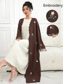 Al Najma Contrast Trim, Embroidered, Ditsy Floral, Tie-Front Kimono Cover Up Abayas - Brown - View 3
