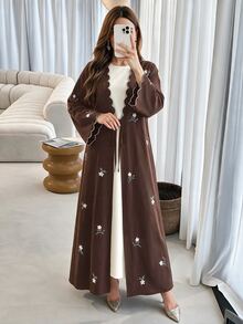 Al Najma Contrast Trim, Embroidered, Ditsy Floral, Tie-Front Kimono Cover Up Abayas - Brown - View 2