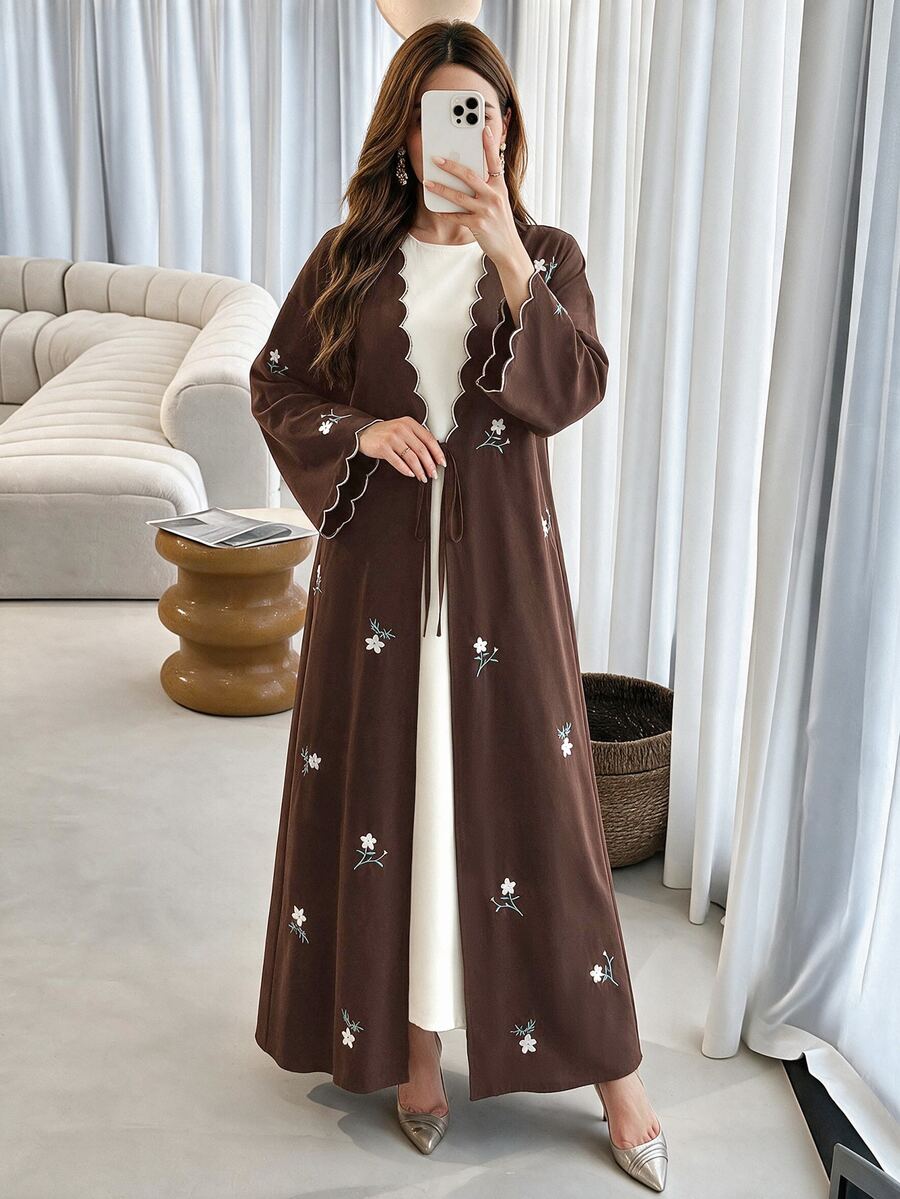 Al Najma Contrast Trim, Embroidered, Ditsy Floral, Tie-Front Kimono Cover Up Abayas