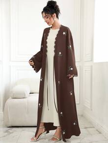 Al Najma Contrast Trim, Embroidered, Ditsy Floral, Tie-Front Kimono Cover Up Abayas - Brown - View 5