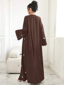 Al Najma Contrast Trim, Embroidered, Ditsy Floral, Tie-Front Kimono Cover Up Abayas - Brown - View 8