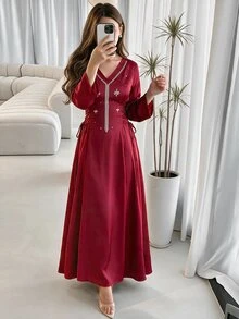 Al Najma 女式优雅长袖阿拉伯风格水钻装饰连衣裙 - 酒紅色 - 查看 2