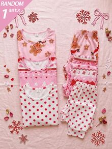 SHEIN 1 Set Random Girls' Short Sleeve Long Pants Snug Fit Loungewear, Christmas Pattern All-Over Print, Reindeer And Fair Isle Pattern All-Over Print, Holiday Style - Multicolor - View 10
