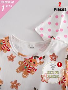 SHEIN 1 Set Random Girls' Short Sleeve Long Pants Snug Fit Loungewear, Christmas Pattern All-Over Print, Reindeer And Fair Isle Pattern All-Over Print, Holiday Style - Multicolor - View 3