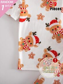 SHEIN 1 Set Random Girls' Short Sleeve Long Pants Snug Fit Loungewear, Christmas Pattern All-Over Print, Reindeer And Fair Isle Pattern All-Over Print, Holiday Style - Multicolor - View 9