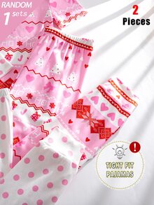 SHEIN 1 Set Random Girls' Short Sleeve Long Pants Snug Fit Loungewear, Christmas Pattern All-Over Print, Reindeer And Fair Isle Pattern All-Over Print, Holiday Style - Multicolor - View 5