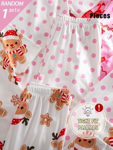 SHEIN 1 Set Random Girls' Short Sleeve Long Pants Snug Fit Loungewear, Christmas Pattern All-Over Print, Reindeer And Fair Isle Pattern All-Over Print, Holiday Style - Multicolor - View 4