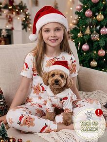 SHEIN 1 Set Random Girls' Short Sleeve Long Pants Snug Fit Loungewear, Christmas Pattern All-Over Print, Reindeer And Fair Isle Pattern All-Over Print, Holiday Style - Multicolor - View 11