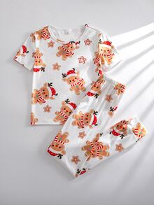 SHEIN 1 Set Random Girls' Short Sleeve Long Pants Snug Fit Loungewear, Christmas Pattern All-Over Print, Reindeer And Fair Isle Pattern All-Over Print, Holiday Style - Multicolor - View 6