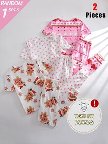 SHEIN 1 Set Random Girls' Short Sleeve Long Pants Snug Fit Loungewear, Christmas Pattern All-Over Print, Reindeer And Fair Isle Pattern All-Over Print, Holiday Style - Multicolor - View 2