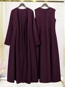 Mulvari 2 件套女士休闲前开长袖夹克和无袖连衣裙套装，春秋季 2 件套 - 紫色 - 查看 6