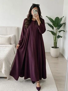 Mulvari 2 件套女士休闲前开长袖夹克和无袖连衣裙套装，春秋季 2 件套 - 紫色 - 查看 1