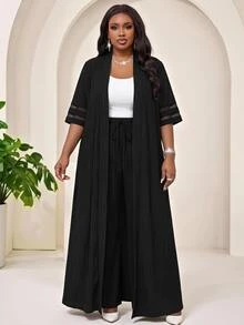 SHEIN Lady 大尺碼網紗拼接開襟衫收腰紋理長褲兩件套，適合早午餐、晚宴、派對、晚餐、居家休閒、正式場合、Modchic風格、婚禮，黑色 - 黑色 - 查看 4