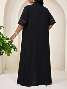 SHEIN Lady 大尺碼網紗拼接開襟衫收腰紋理長褲兩件套，適合早午餐、晚宴、派對、晚餐、居家休閒、正式場合、Modchic風格、婚禮，黑色 - 黑色 - 查看 2