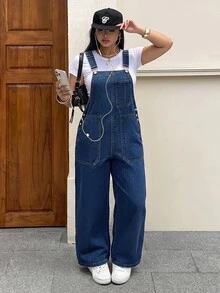 Rivivi Plus Size Women's Casual Fashion Utility Multi-Pocket Denim Overalls - Dark Wash - View 1