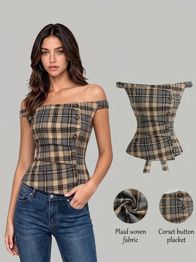 Sweetra Women's Off-Shoulder Plaid Shirt For Summer