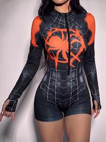 SHEIN ICON 萬聖節連身褲，黑色與紅色蜘蛛噴漆圖案，Cosplay套裝，女款高領前開襟秋冬長袖修身連身褲，休閒極簡日常百搭派對聚會機場穿搭Y2K上衣，音樂節穿搭，哥德風穿搭，畢業典禮，約會穿搭 - 彩色 - 查看 5