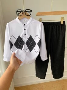 SHEIN 2件組男童秋冬休閒學院風黑色菱格長袖POLO衫與燈芯絨長褲套裝，適合秋冬季節、開學季、派對、街頭風、度假、外出，冬季穿搭黑色套裝 - 黑色 - 查看 3