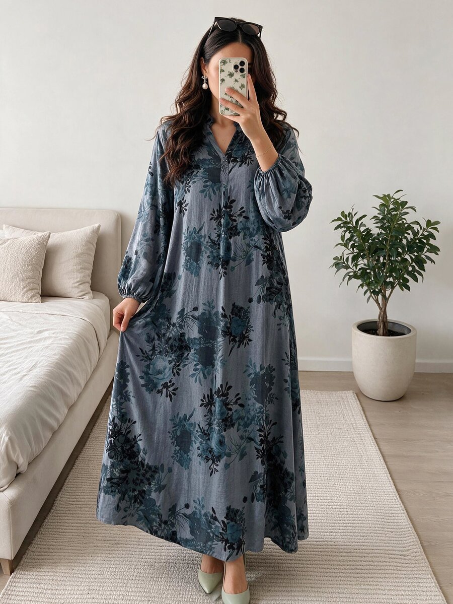 Mulvari Women's Floral Print V-Neck Lantern Sleeve Arabian Style Dress,Modest - Blue - View 1