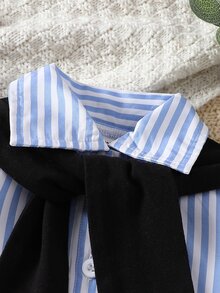 SHEIN Bộ bodysuit bé trai tay dài kẻ sọc cài nút đơn kèm khăn choàng trơn đơn giản cho mùa thu - Màu xanh lam - Xem 4