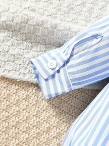 SHEIN Bộ bodysuit bé trai tay dài kẻ sọc cài nút đơn kèm khăn choàng trơn đơn giản cho mùa thu - Màu xanh lam - Xem 5