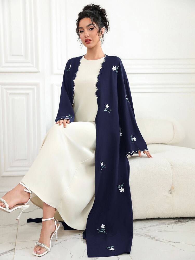 Al Najma Women's Contrast Trim Embroidered Tie Front Robe Night Ninang Wedding Confirmation Navy Blue Fall White Modest Filipiniana Elegant - Navy Blue - View 8