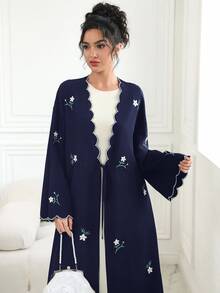 Al Najma Women's Contrast Trim Embroidered Tie Front Robe Night Ninang Wedding Confirmation Navy Blue Fall White Modest Filipiniana Elegant - Navy Blue - View 3