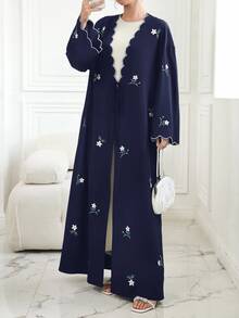 Al Najma Women's Contrast Trim Embroidered Tie Front Robe Night Ninang Wedding Confirmation Navy Blue Fall White Modest Filipiniana Elegant - Navy Blue - View 5