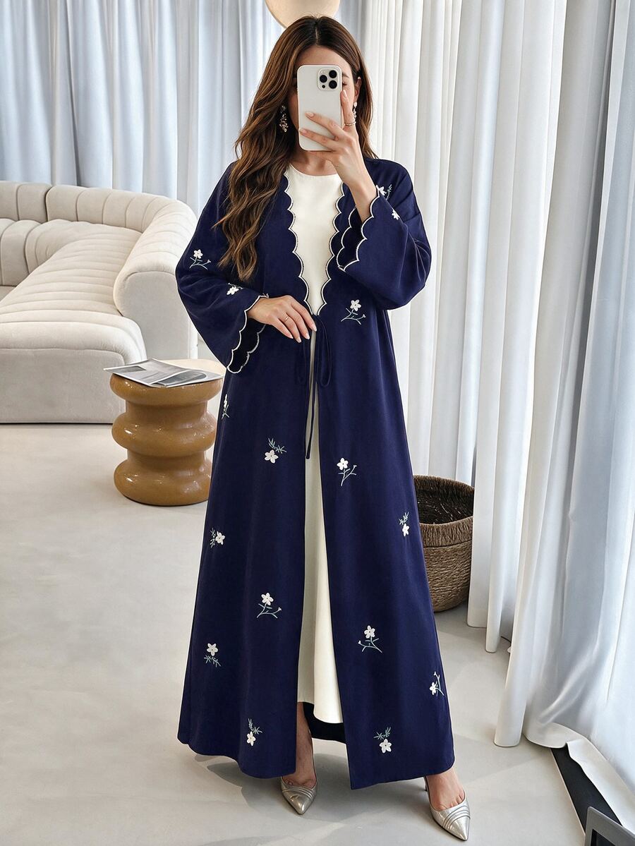 Al Najma Women's Contrast Trim Embroidered Tie Front Robe Night Ninang Wedding Confirmation Navy Blue Fall White Modest Filipiniana Elegant - Navy Blue - View 1