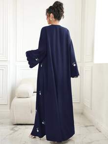 Al Najma Women's Contrast Trim Embroidered Tie Front Robe Night Ninang Wedding Confirmation Navy Blue Fall White Modest Filipiniana Elegant - Navy Blue - View 7