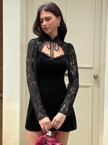 MainGRL 黑色天鵝絨休閒性感優雅百搭甜辣風女款迷你洋裝，適合萬聖節、新年、約會之夜與夜晚外出 - 黑色 - 查看 5