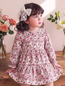 SHEIN Baby Girl Woven Ditsy Floral Round Neck Casual Dress - Multicolor - View 5