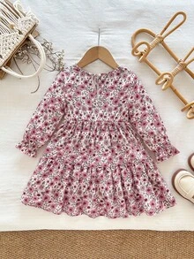 SHEIN Baby Girl Woven Ditsy Floral Round Neck Casual Dress - Multicolor - View 2