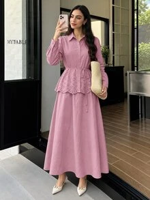 Solavon 女款鏤空花卉圖案腰結長袖上衣與裙子時尚度假兩件套 約會粉色秋季優雅 - 粉色 - 查看 2